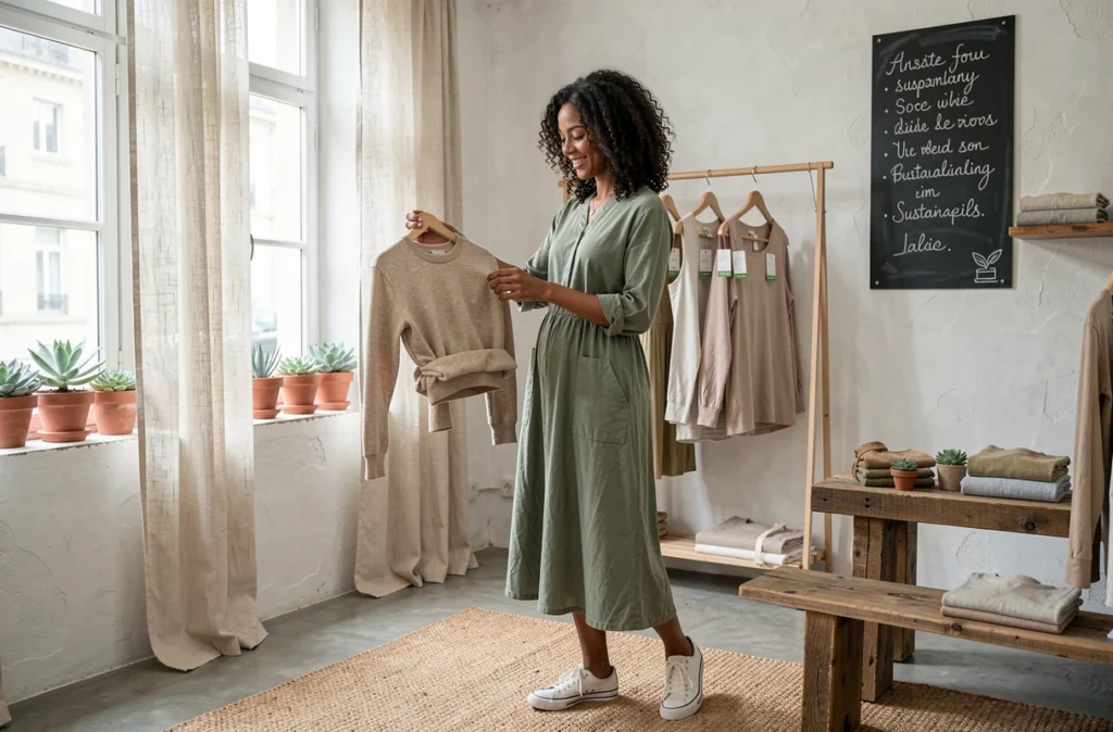 Boutique Éthic & Chic à Toulouse avec une cliente examinant des vêtements en coton bio dans un espace minimaliste aux matériaux naturels