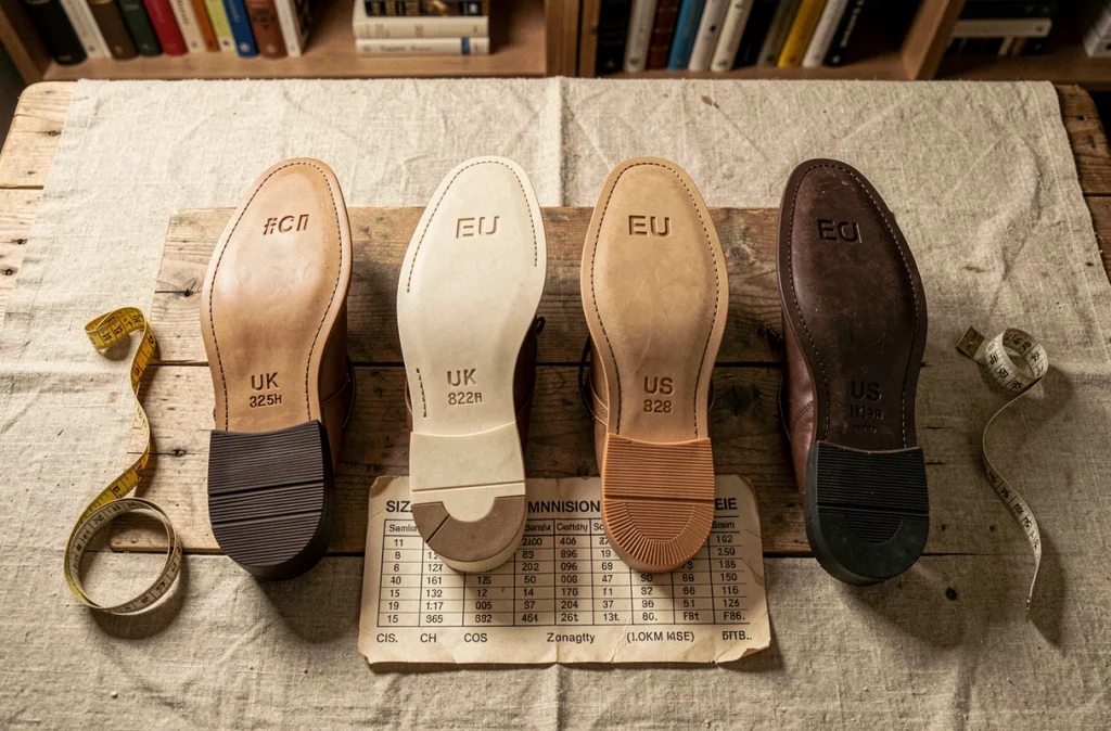 Vue à plat de semelles de chaussures avec étiquettes de tailles UK, EU et US et tableau de correspondance des pointures sur une table en bois