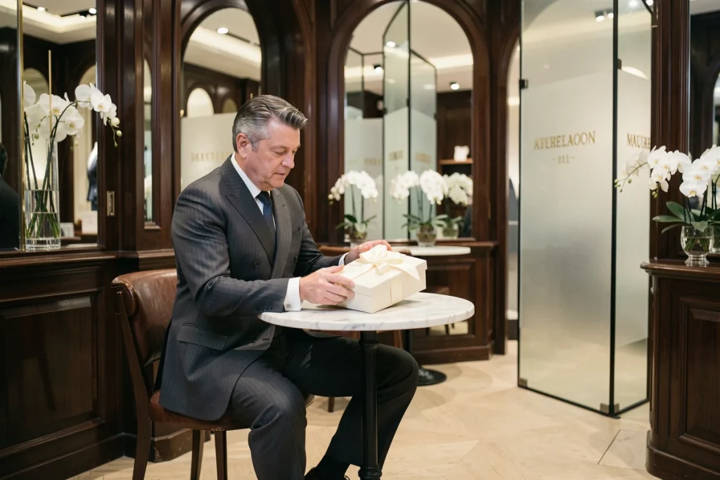 Homme élégant examinant un achat de luxe dans un café-boutique haut de gamme de l'Avenue Montaigne