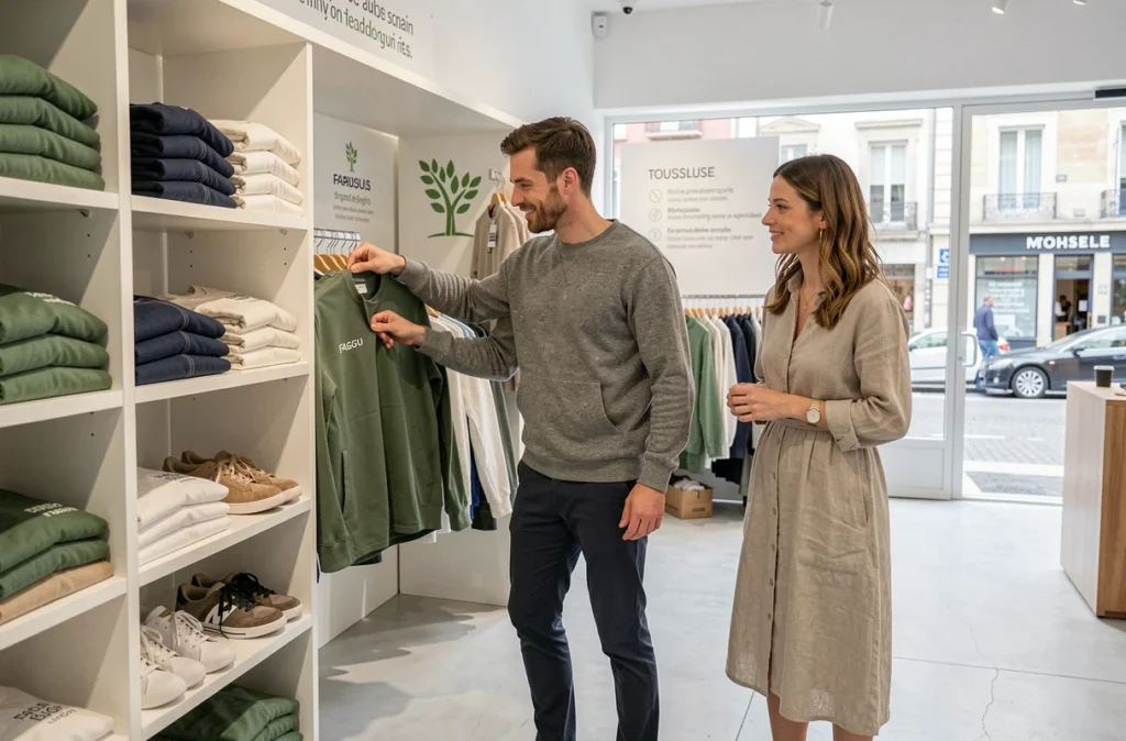 Boutique Faguo à Toulouse avec un couple découvrant des vêtements écoconçus en coton bio sur des étagères épurées dans un espace moderne