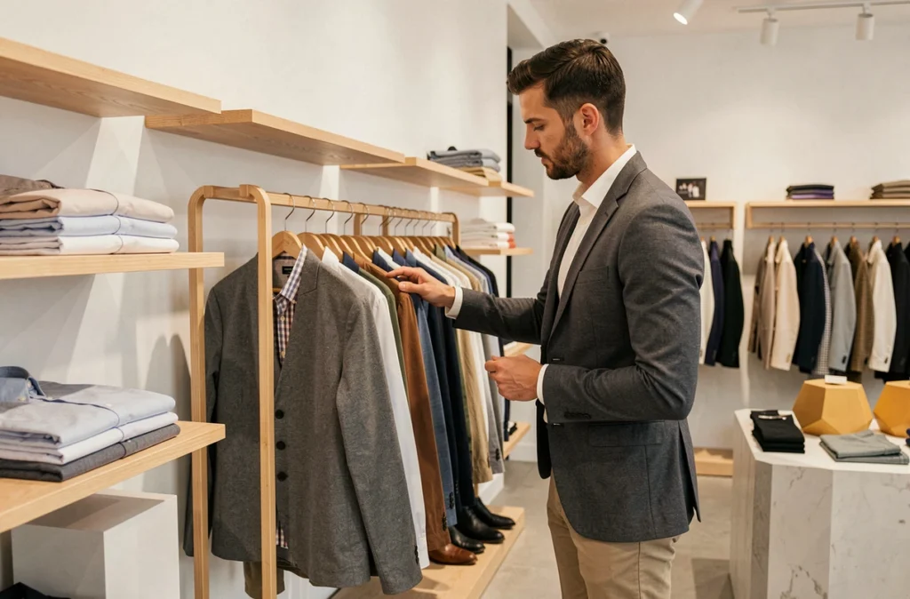Un homme stylé parcourt les vêtements contemporains chez Father and Sons à Rennes, dans une boutique minimaliste aux murs blancs et étagères en bois