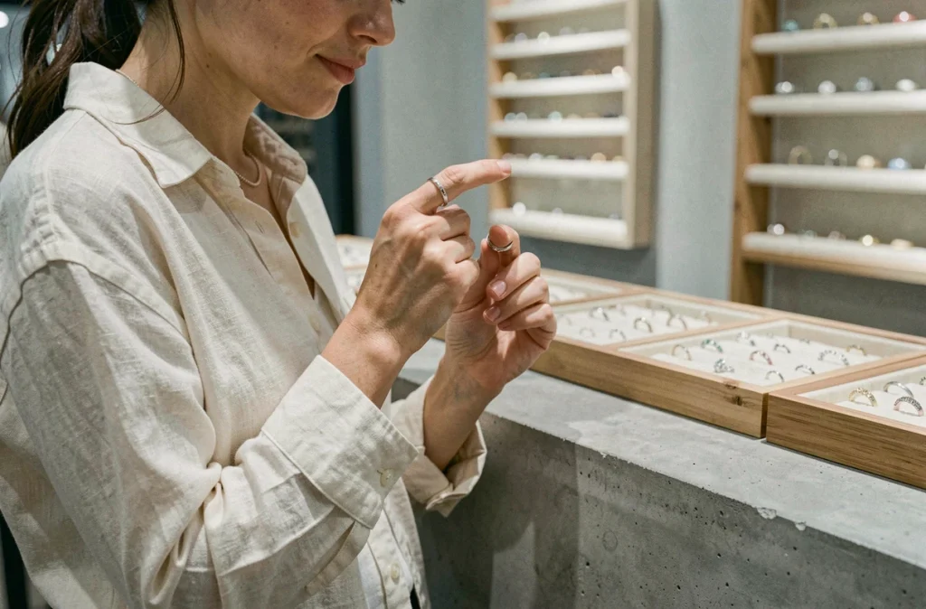 Femme examinant une bague fine argentée dans une boutique de bijoux minimaliste