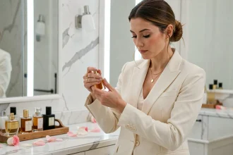 Femme élégante appliquant du parfum sur son poignet dans un dressing parisien raffiné avec des flacons de parfum sur plateau en bois