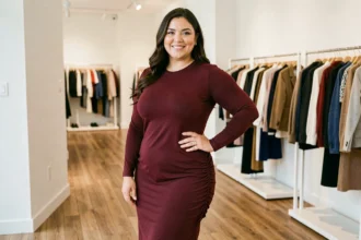 Femme grande taille portant une robe moulante bordeaux dans une boutique de mode, style et élégance