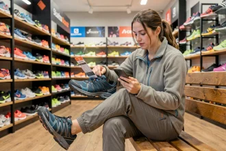 Femme comparant une chaussure Salomon avec un guide des tailles dans un magasin de sport