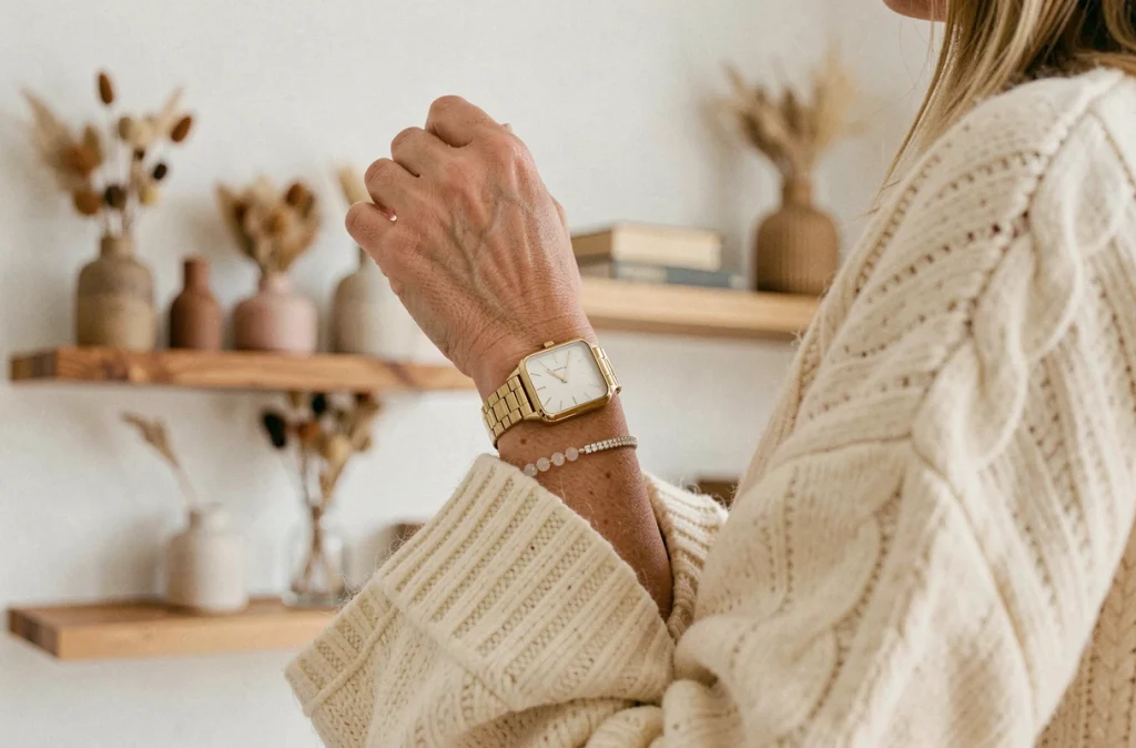 Femme portant une montre dorée rectangulaire associée à un bracelet tennis diamant et un bracelet cristal devant une étagère décorative