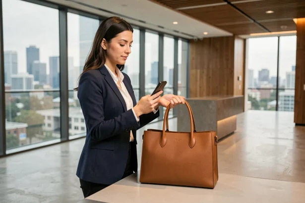 Femme professionnelle posant son sac de travail en cuir structuré sur un bureau dans un hall de bureau moderne