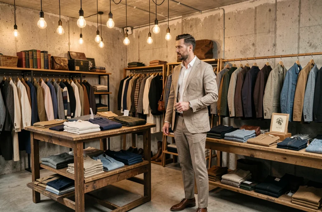 Un homme créatif en veste de lin et pantalon tailleur explore la boutique Flâneurs à Rennes, avec des murs en béton apparent et des tables en bois vintage