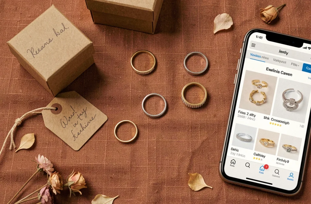 Flat lay de bagues fines dorées et argentées avec boîte cadeau et smartphone sur tissu terracotta