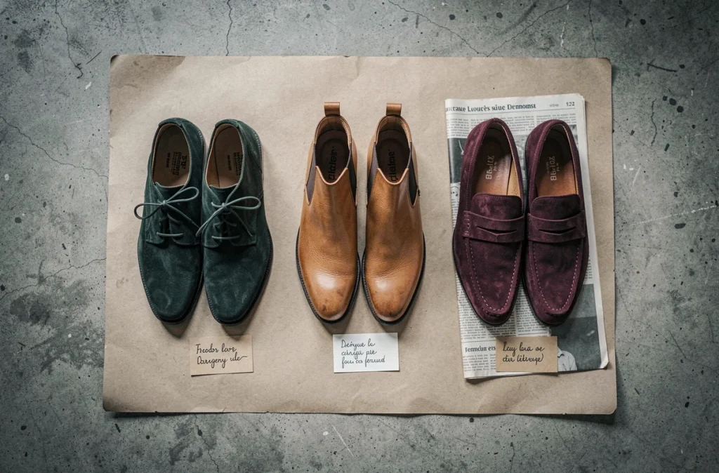 Flat lay de trois paires de chaussures de marques françaises confidentielles en suède vert, cuir tan et nubuck bordeaux sur surface en béton brut
