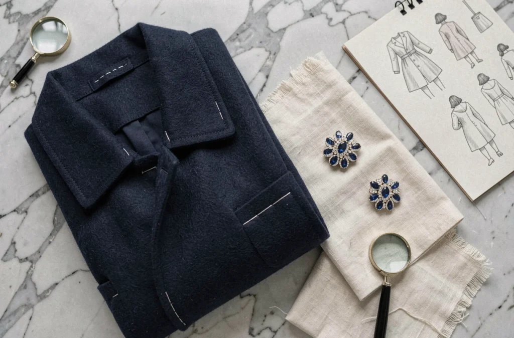 Mise à plat d'un manteau en laine marine et d'une broche en diamants et saphirs sur marbre gris, symbolisant le processus créatif d'une collaboration entre une maison de mode et un joaillier