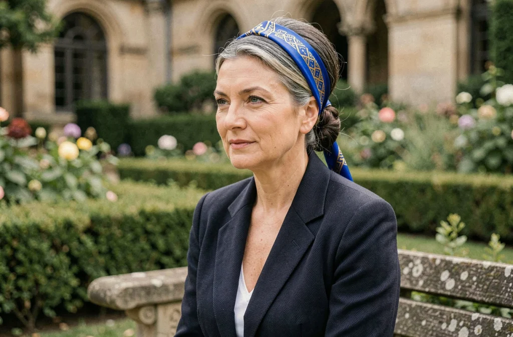 Femme aux cheveux grisonnants avec un foulard en soie bleu et or noué en bandeau autour d'un chignon, dans un jardin botanique