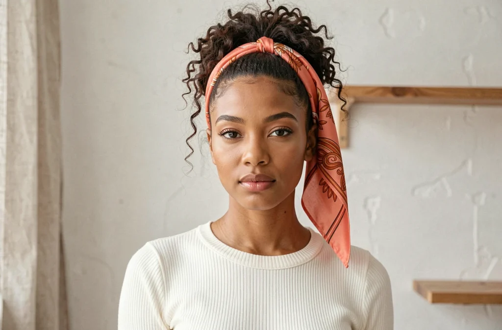 Jeune femme aux cheveux naturels avec un foulard en soie corail noué en nœud dans la coiffure, dans un intérieur minimaliste blanc
