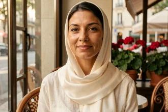 Femme portant un foulard en soie ivoire autour du cou près d'une fenêtre de café parisien, mettant en valeur le teint chaud