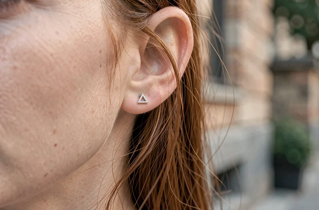 Gros plan sur une boucle d'oreille clou géométrique argenté en triangle porté sur un lobe d'oreille, style minimaliste discret