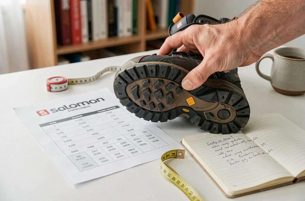 Guide des tailles Salomon posé sur un bureau à côté d'une chaussure et d'un mètre ruban pour mesurer son pied