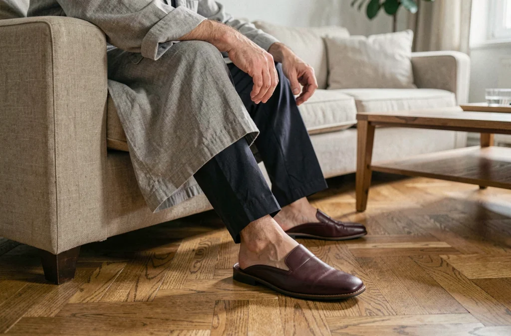 Homme en robe de chambre en lin enfilant des babouches en cuir bordeaux sur parquet chêne à chevrons dans un salon chaleureux