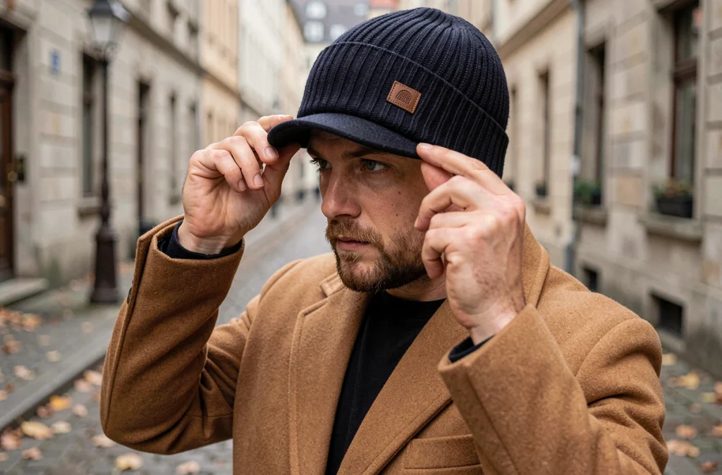 Homme portant un bonnet en laine premium avec patch cuir dans une rue pavée européenne en automne
