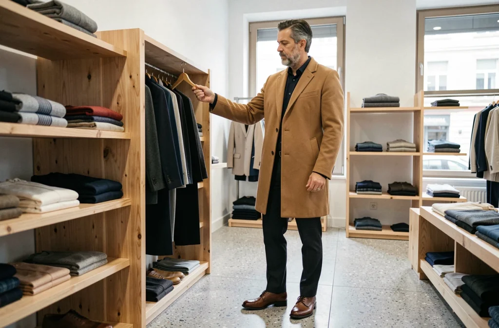 Homme mature en manteau camel choisissant des vêtements dans une boutique masculine minimaliste