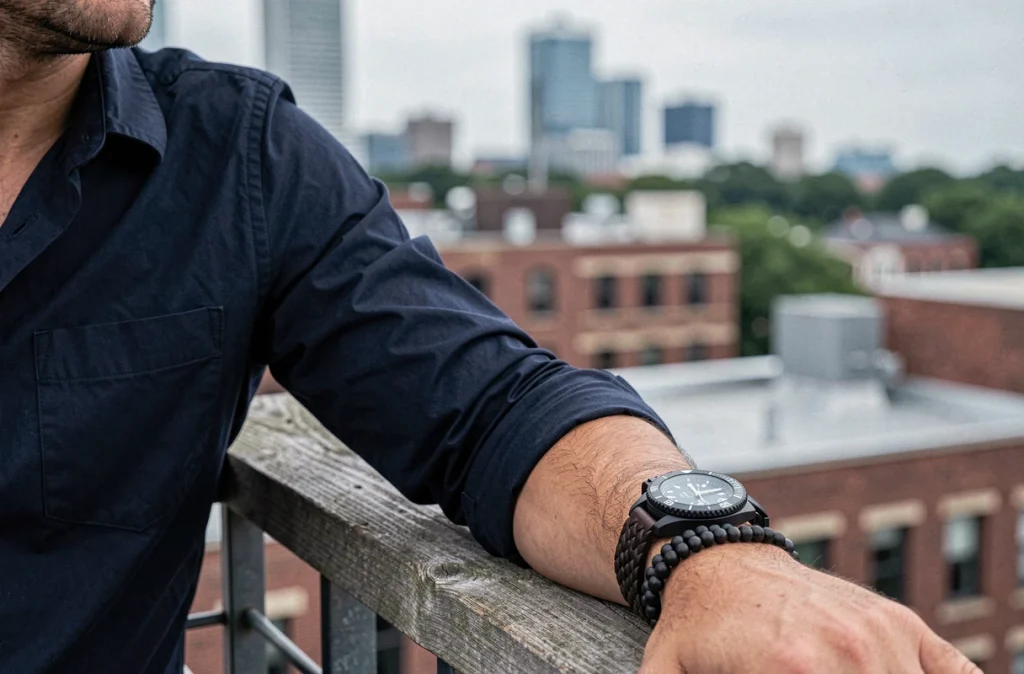 Homme avec une montre plongeuse et des bracelets en cuir et obsidienne sur un toit-terrasse urbain
