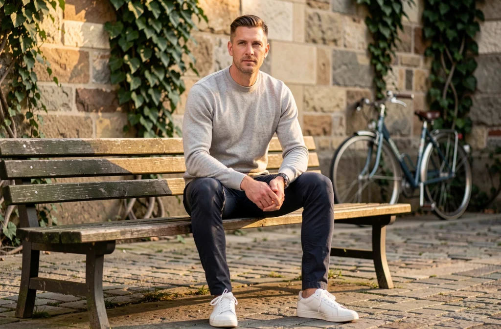 Homme décontracté en pull gris et sneakers blancs assis dans une cour urbaine pavée