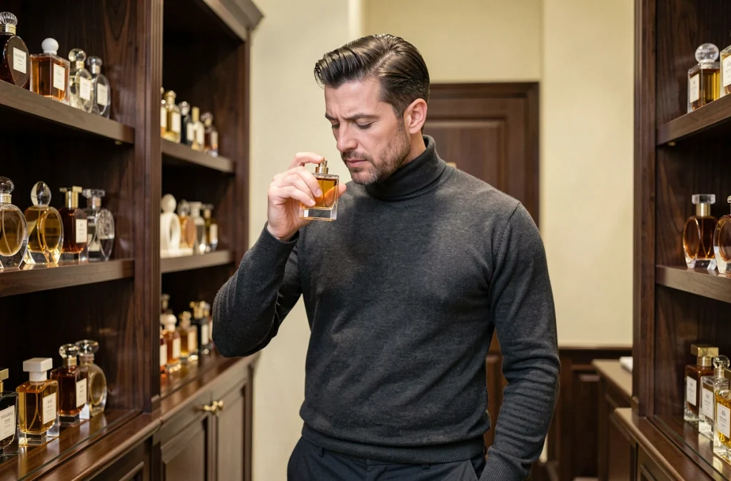Homme stylé sentant un flacon de parfum dans une parfumerie de luxe aux étagères en bois sombre
