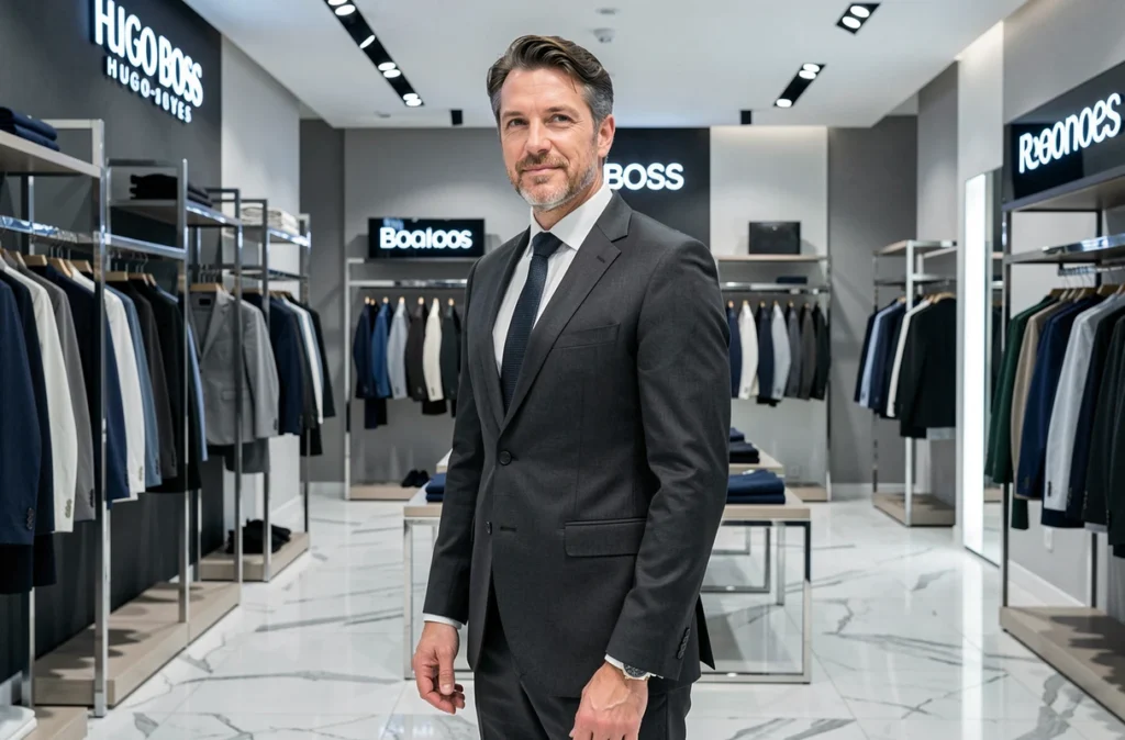 Un homme en costume Hugo Boss se tient dans la boutique Hugo Boss de Rennes, avec des sols en marbre poli et des présentoirs chromés modernes