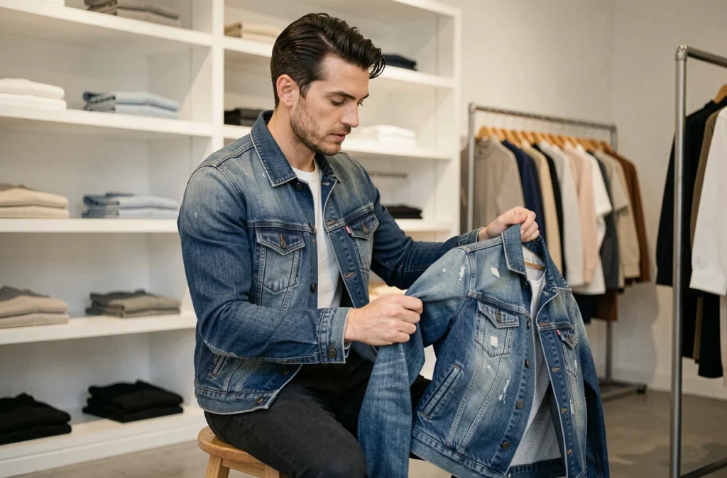 Homme comparant deux tailles de veste en jean IKKS dans une boutique minimaliste, illustrant les variations de coupe entre les tailles