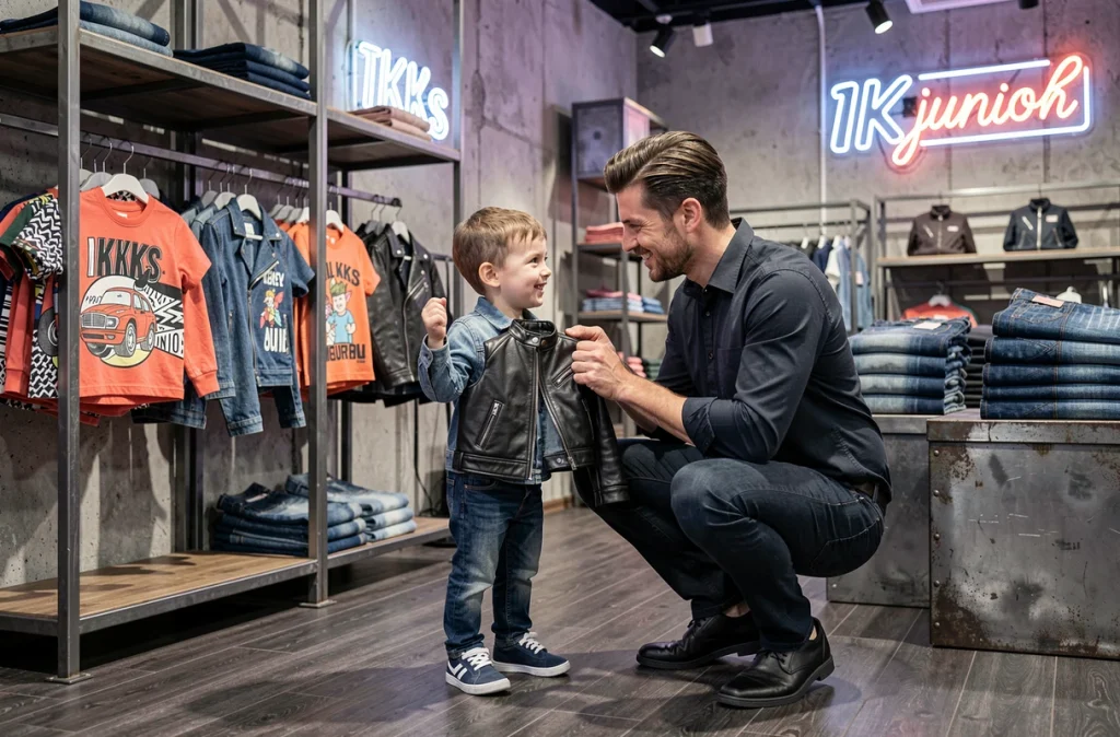 Boutique IKKS Junior à Brest avec un père et son fils examinant une veste pour enfant au style urbain