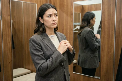 Femme essayant un blazer IKKS trop grand dans une cabine d'essayage, examinant l'étiquette de taille avec une expression dubitative