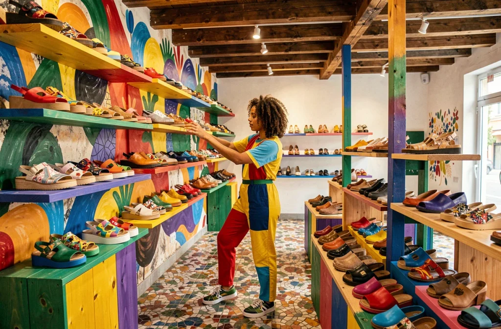 Vendeuse de Kromatik à Montpellier arrangeant des chaussures colorées et créatives sur des étagères asymétriques dans une boutique artistique aux murs muraux peints et carrelage mosaïque