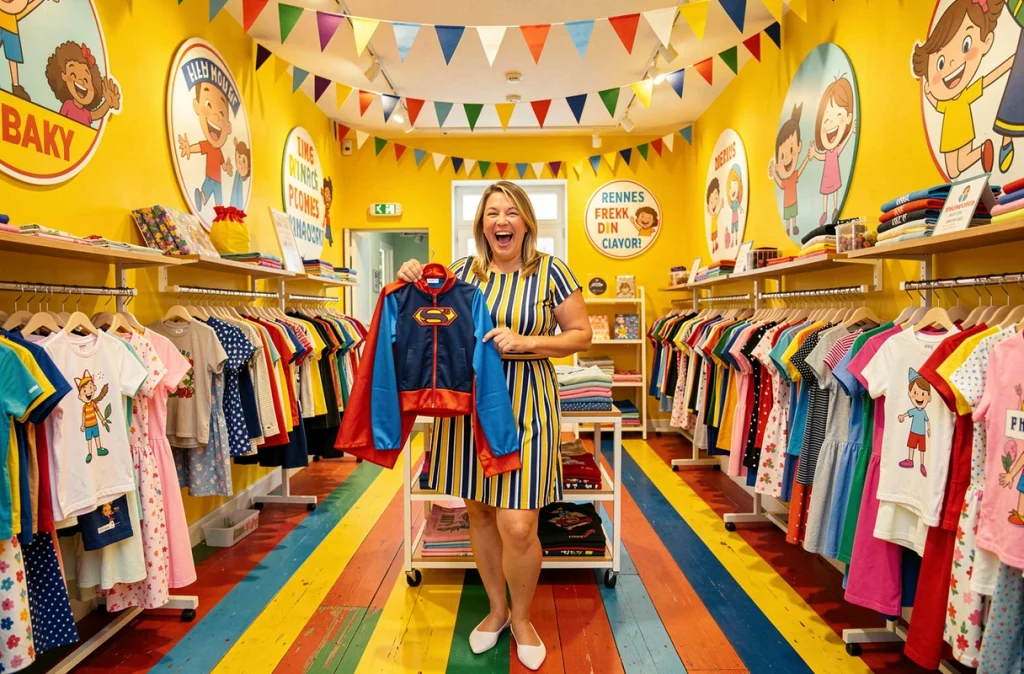 Intérieur festif de la boutique La Boîte à Rire à Rennes avec une vendeuse présentant des déguisements et vêtements fantaisie pour enfants