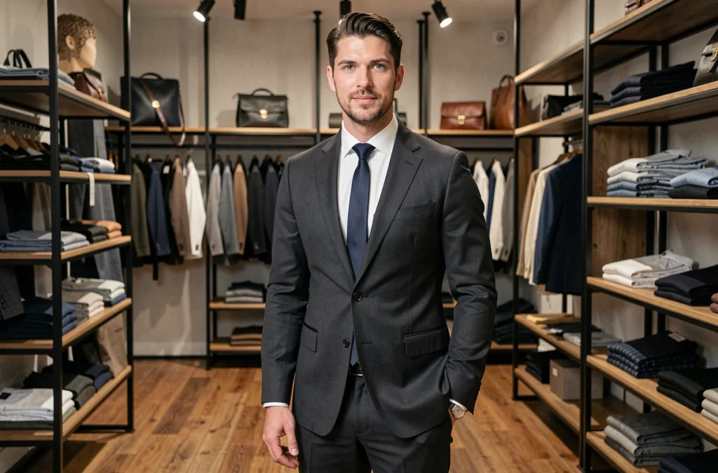 Un homme élégant en costume sombre parfaitement taillé se tient dans la boutique Le Patron à Rennes, avec des étagères industrielles et des accessoires de mode masculine soigneusement sélectionnés