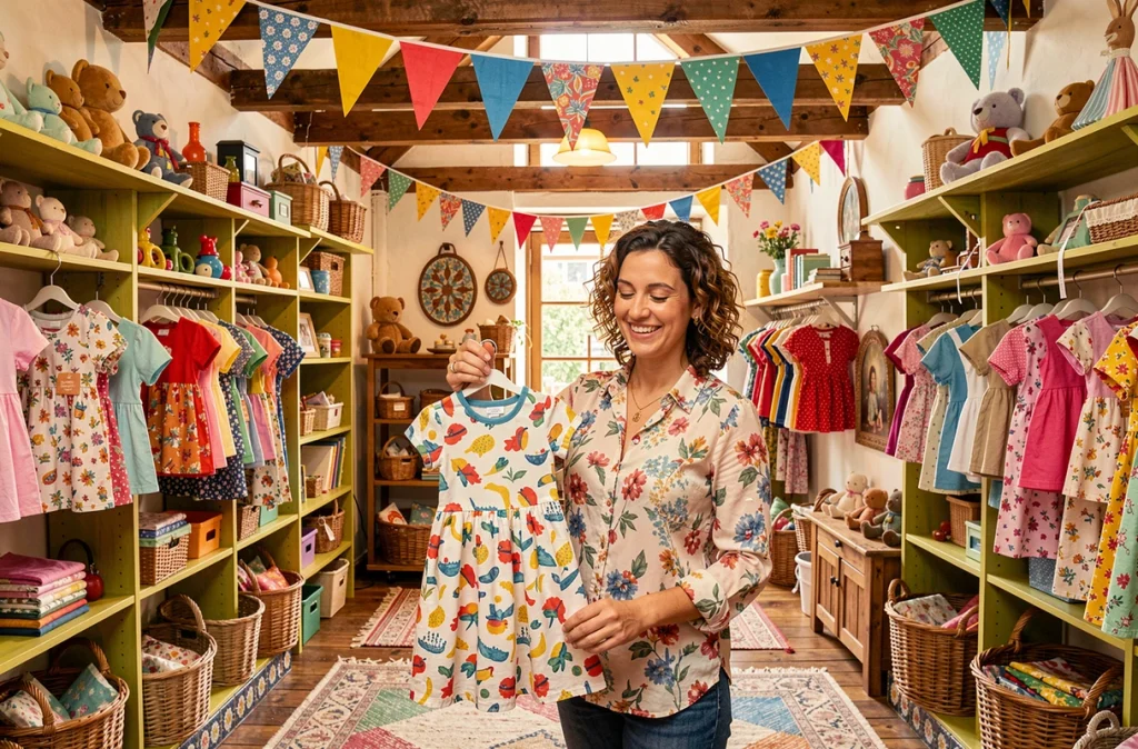Intérieur coloré du Petit Souk à Rennes avec des vêtements pour enfants aux imprimés vibrants et une décoration artisanale