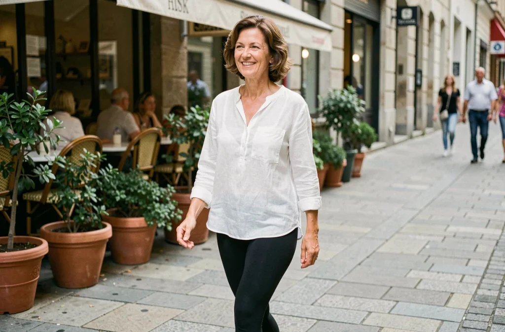 Femme de 50 ans en legging gainant noir Leonie & Co se promenant en ville sur un trottoir pavé européen