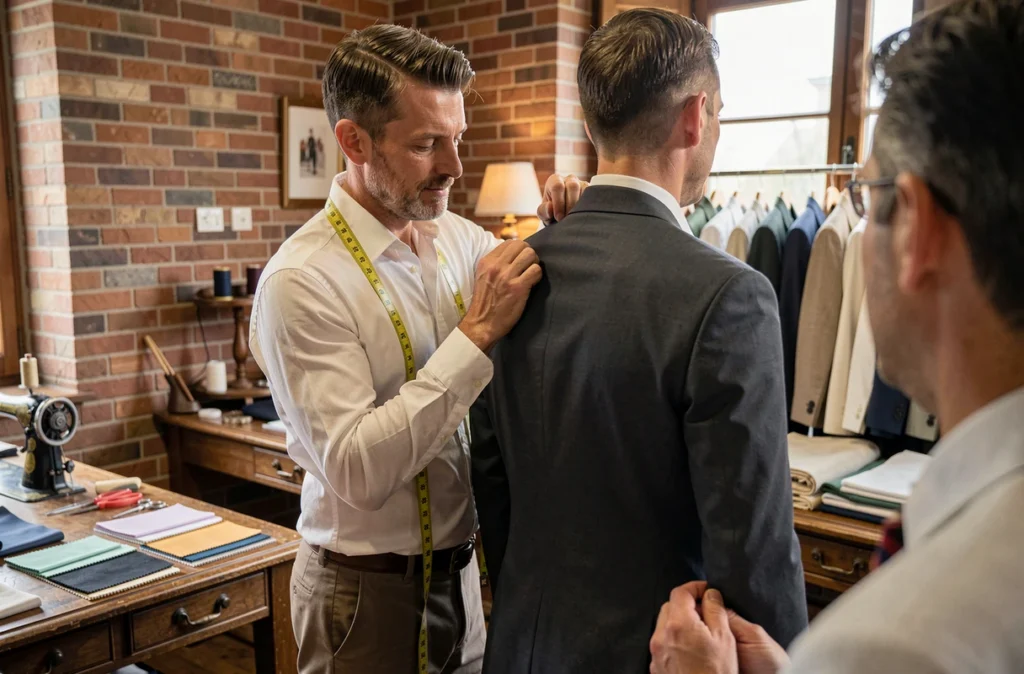 Un tailleur ajuste un costume sur mesure pour un client dans l'atelier Les Nouveaux Ateliers à Rennes, avec des murs en brique et des échantillons de tissus sur les tables