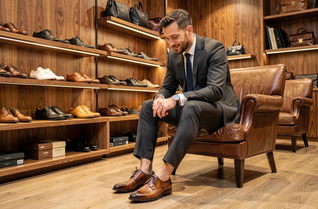 Un homme essaie des chaussures Oxford en cuir premium dans la boutique Loding à Rennes, avec un intérieur en bois de noyer et des sièges rembourrés en cuir