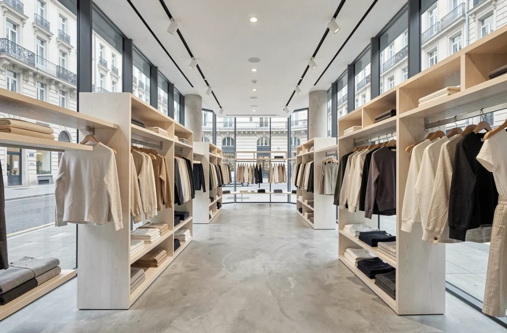 Intérieur épuré d'un magasin Zara flagship en Europe avec des vêtements soigneusement disposés sur des présentoirs minimalistes en bois clair