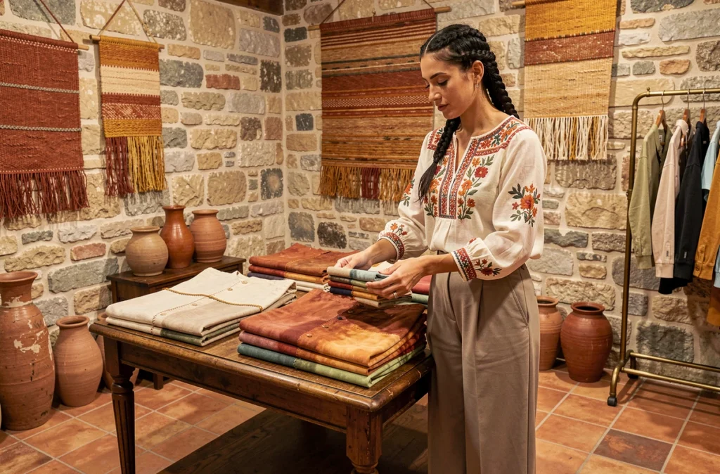 Intérieur de la boutique Maison Carrillo à Toulouse avec une créatrice présentant des vêtements artisanaux aux détails brodés sur un présentoir en bois