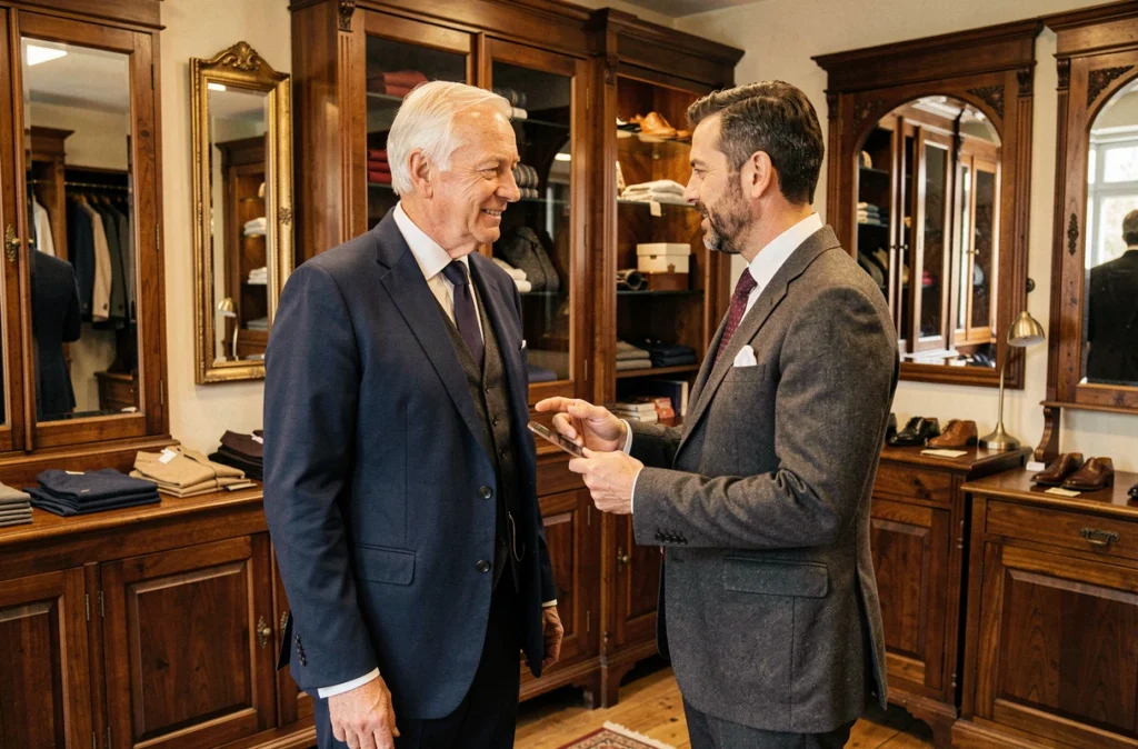 Un homme distingué en costume trois pièces marine est conseillé par un vendeur chez Maison Le Texier à Loudéac, dans une boutique de vêtements masculins traditionnelle