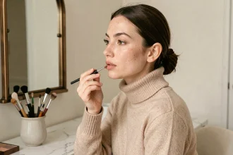 Femme appliquant un rouge à lèvres nude devant un miroir vintage dans un appartement parisien élégant