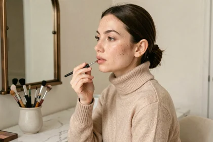 Femme appliquant un rouge à lèvres nude devant un miroir vintage dans un appartement parisien élégant