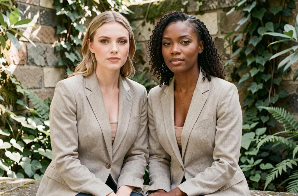 Deux femmes aux carnations différentes arborant un maquillage nude élégant dans un jardin botanique