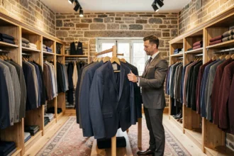 Un homme élégant explore les costumes dans une boutique de vêtements masculins en Bretagne, avec des murs en pierre apparente et des présentoirs en bois