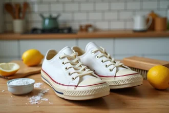 Converse blanches usées posées sur une table en bois avec du bicarbonate de soude, un citron et une brosse naturelle pour un nettoyage maison