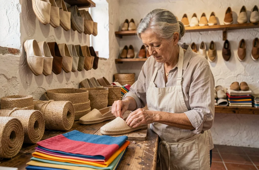 Artisane de Payote Espadrilles à Perpignan cousant à la main une espadrille à semelle en jute dans un atelier traditionnel catalan aux murs blanchis et dalles en terre cuite