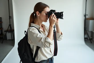 Photographe professionnelle en studio tenant un appareil photo reflex numérique plein format, comparant la qualité d'image avec un smartphone pour un shooting photo professionnel