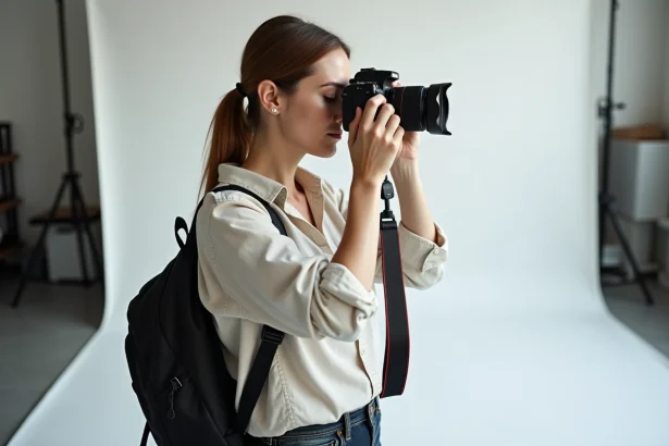Photographe professionnelle en studio tenant un appareil photo reflex numérique plein format, comparant la qualité d'image avec un smartphone pour un shooting photo professionnel