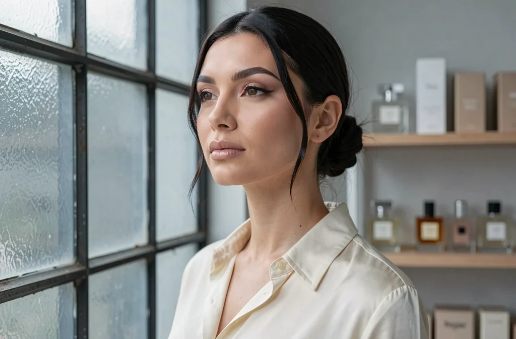Portrait élégant d'une femme avec un maquillage nude complet dans un studio beauté contemporain