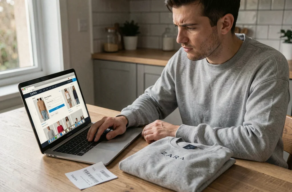 Homme effectuant un remboursement en ligne Zara depuis son domicile après la fermeture d'un magasin